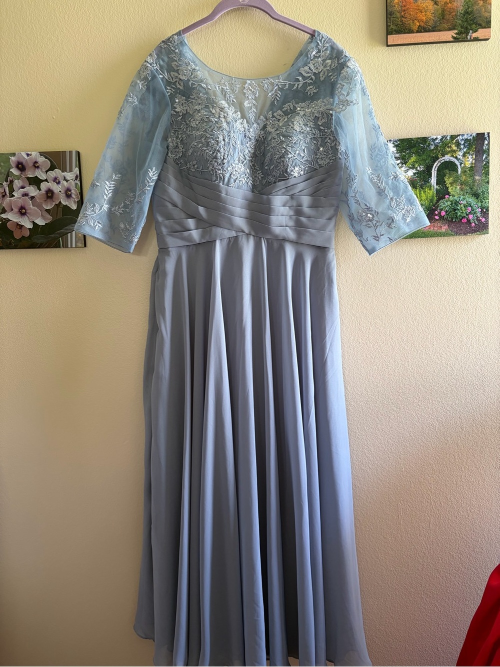 Embroidered Formal Dress with Sheer Sleeves and Sparkle